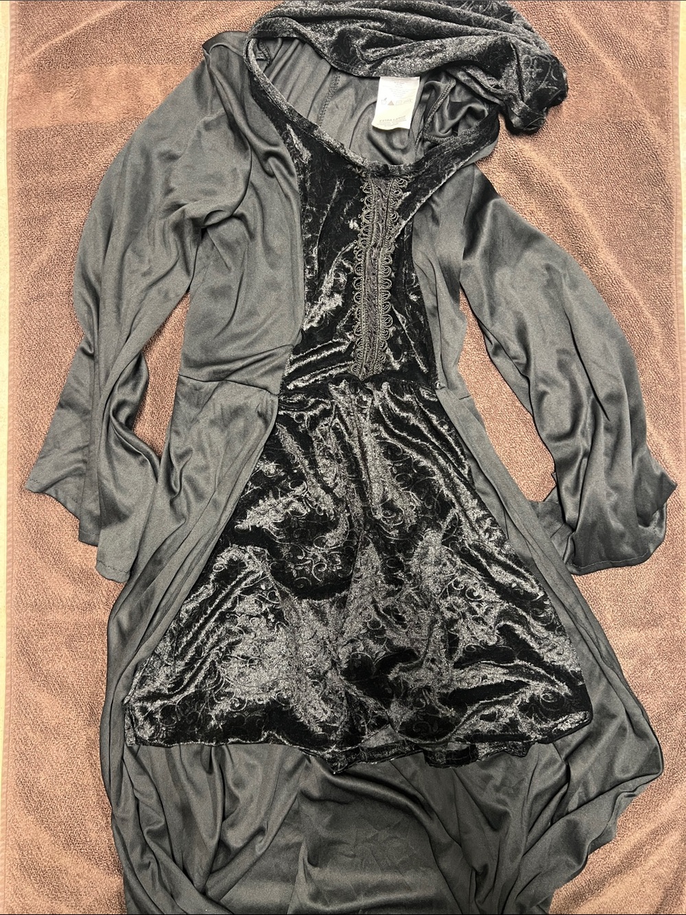 Black Velvet-Detail Hooded Duster witch dress Halloween costume